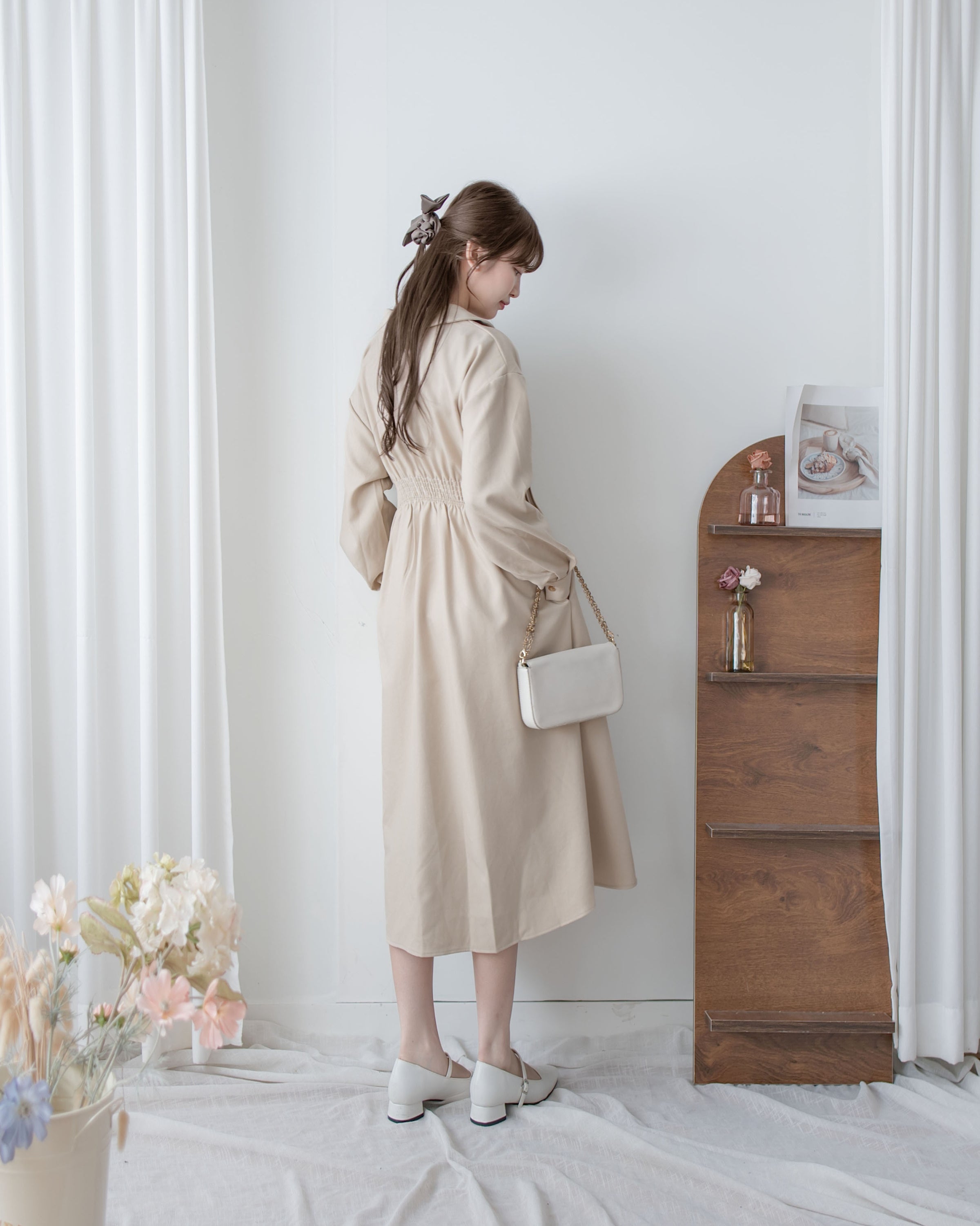 Collar Pleated Dress 翻領口前車褶顯瘦修腰口袋連身裙/ DS1092
