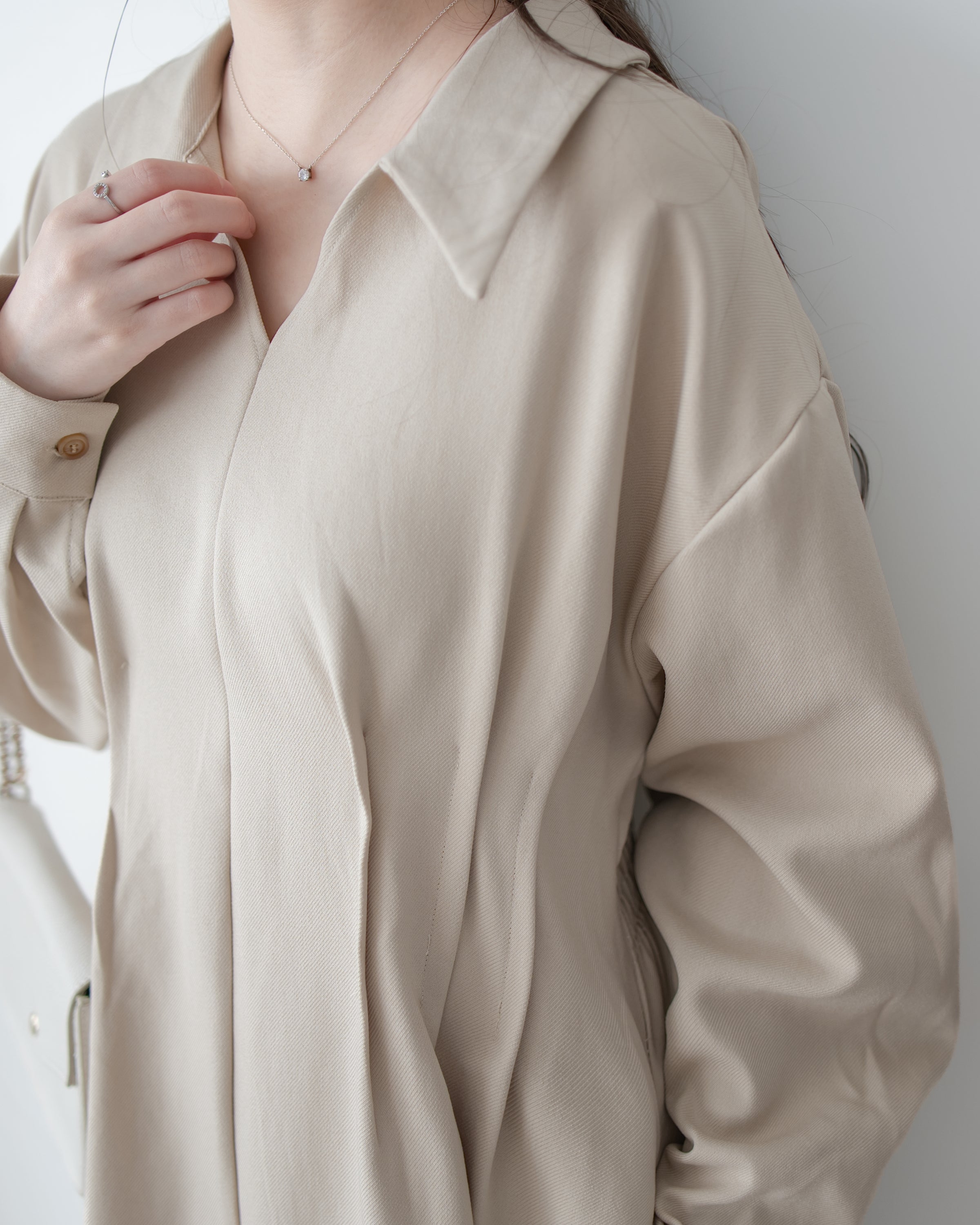 Collar Pleated Dress 翻領口前車褶顯瘦修腰口袋連身裙/ DS1092