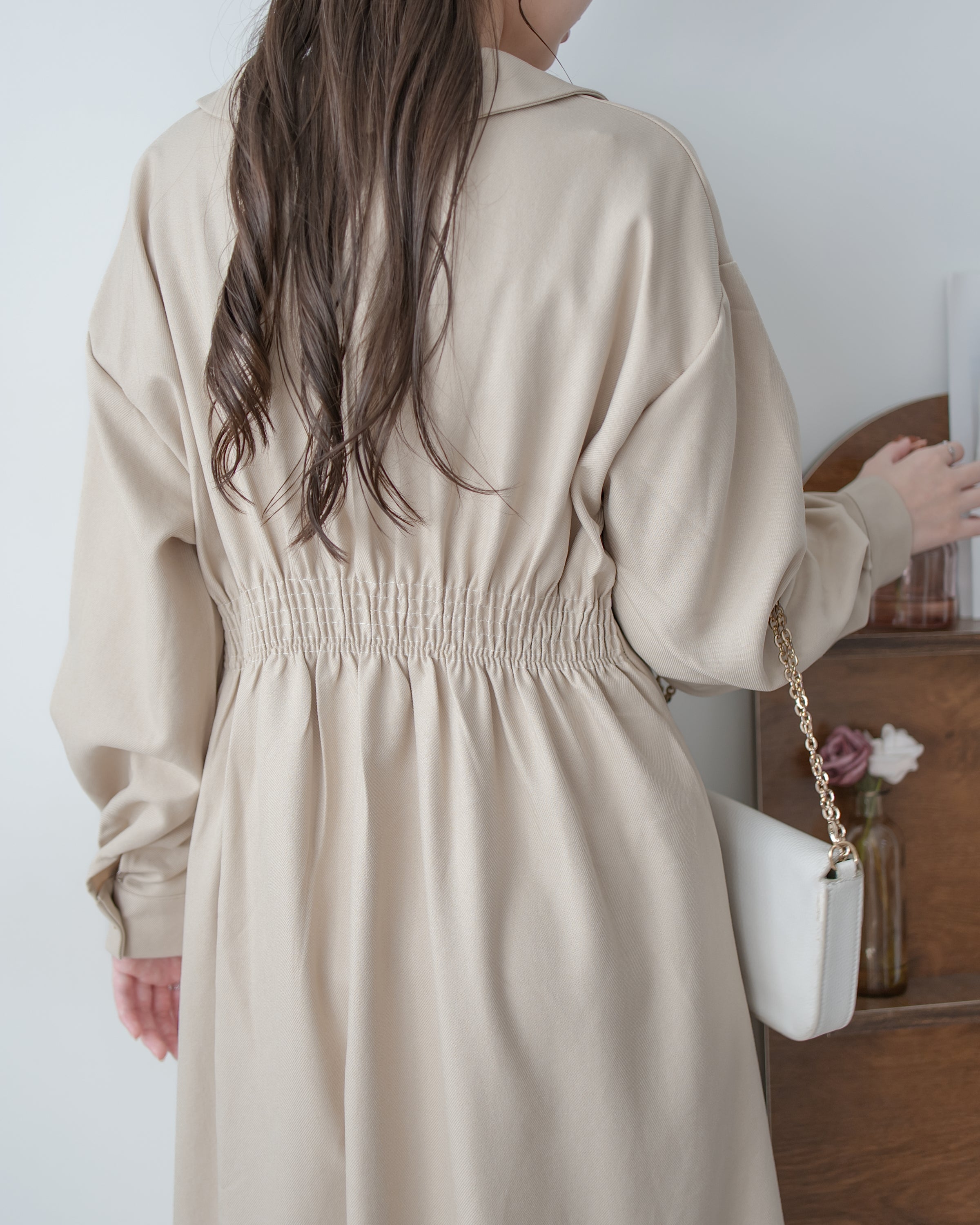 Collar Pleated Dress 翻領口前車褶顯瘦修腰口袋連身裙/ DS1092