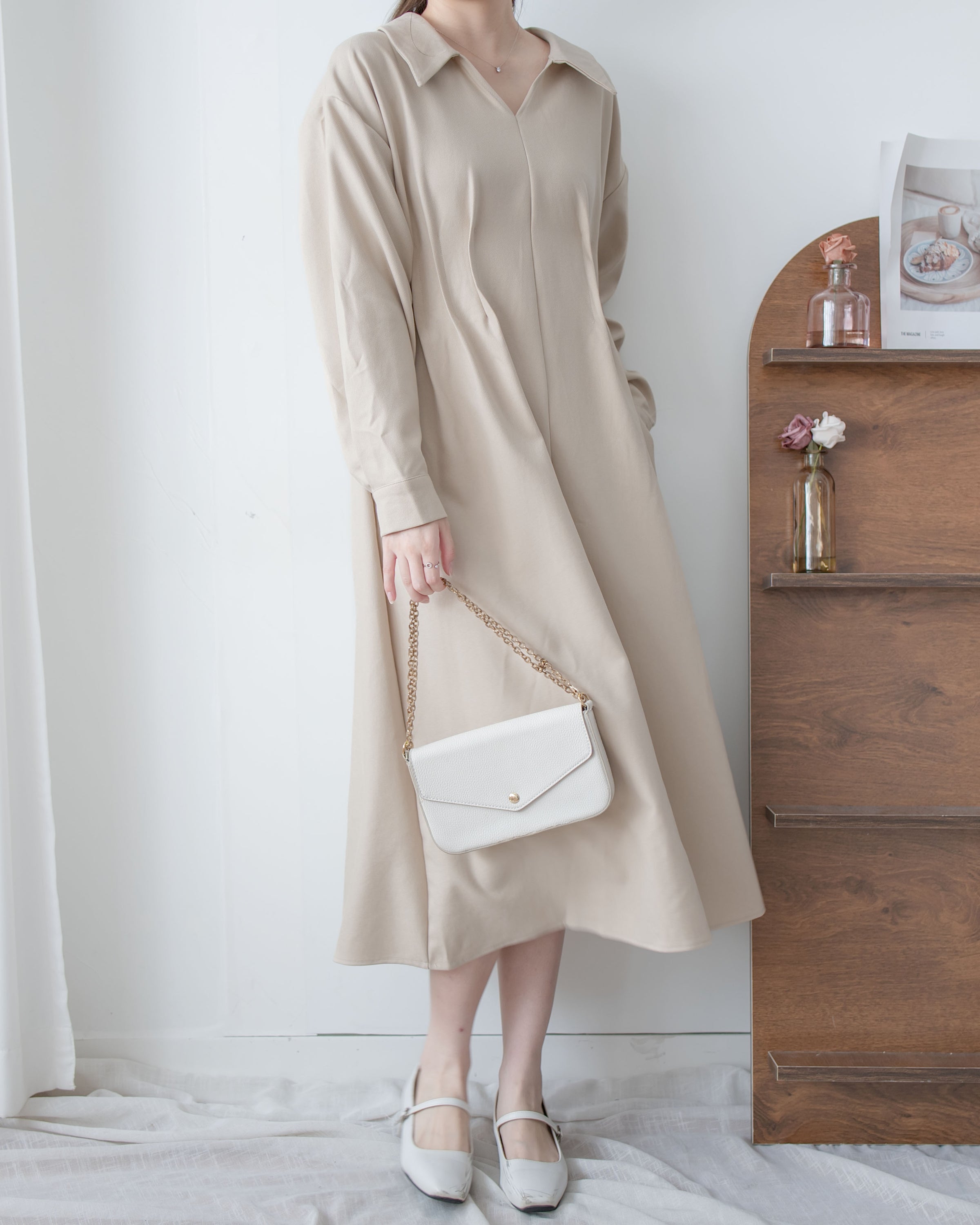 Collar Pleated Dress 翻領口前車褶顯瘦修腰口袋連身裙/ DS1092
