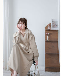 Collar Pleated Dress 翻領口前車褶顯瘦修腰口袋連身裙/ DS1092