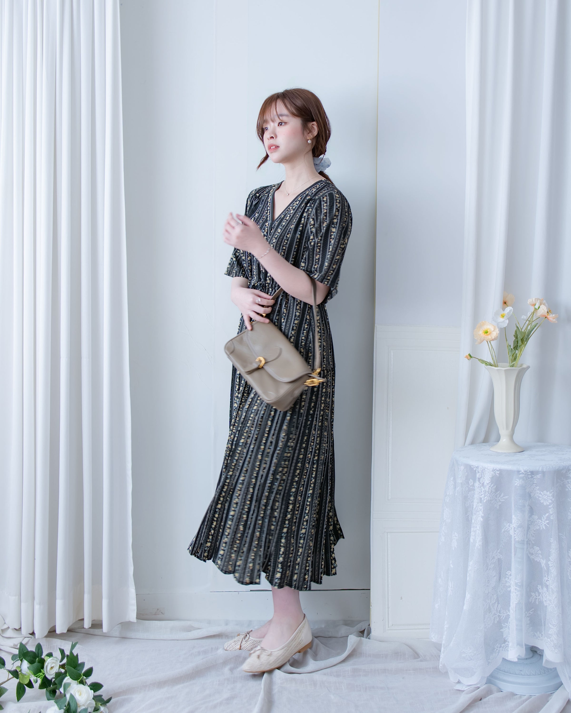 French Patterned Dress
 法式防皺直條紋印花連身裙/ DS1093