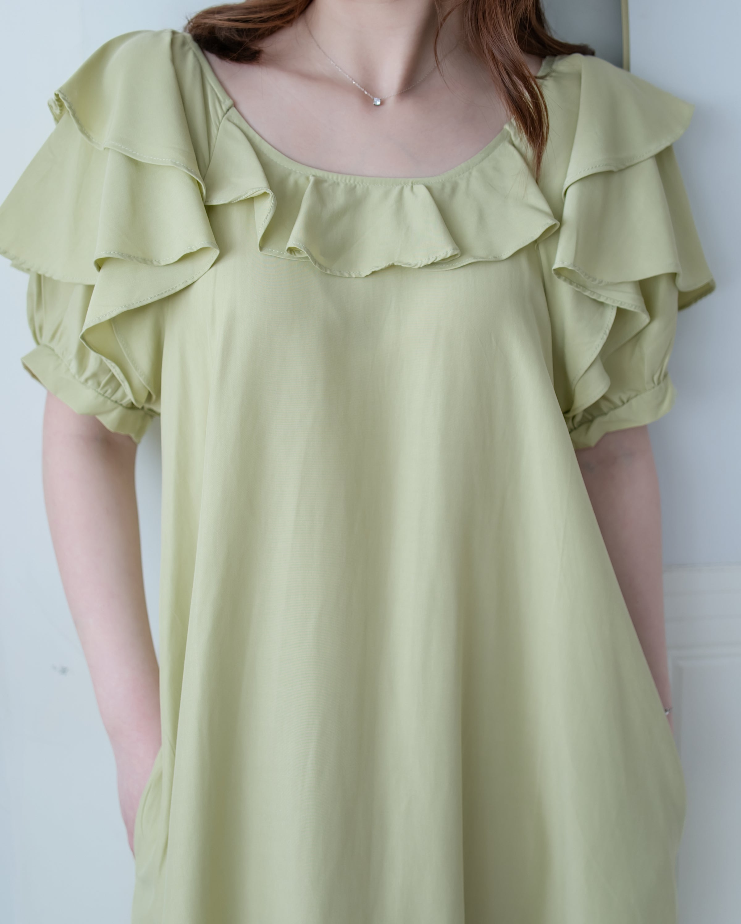 Ruffle Square Dress 荷葉方領隨性口袋修腰連衣裙/ DS1096