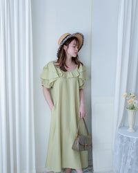 Ruffle Square Dress 荷葉方領隨性口袋修腰連衣裙/ DS1096