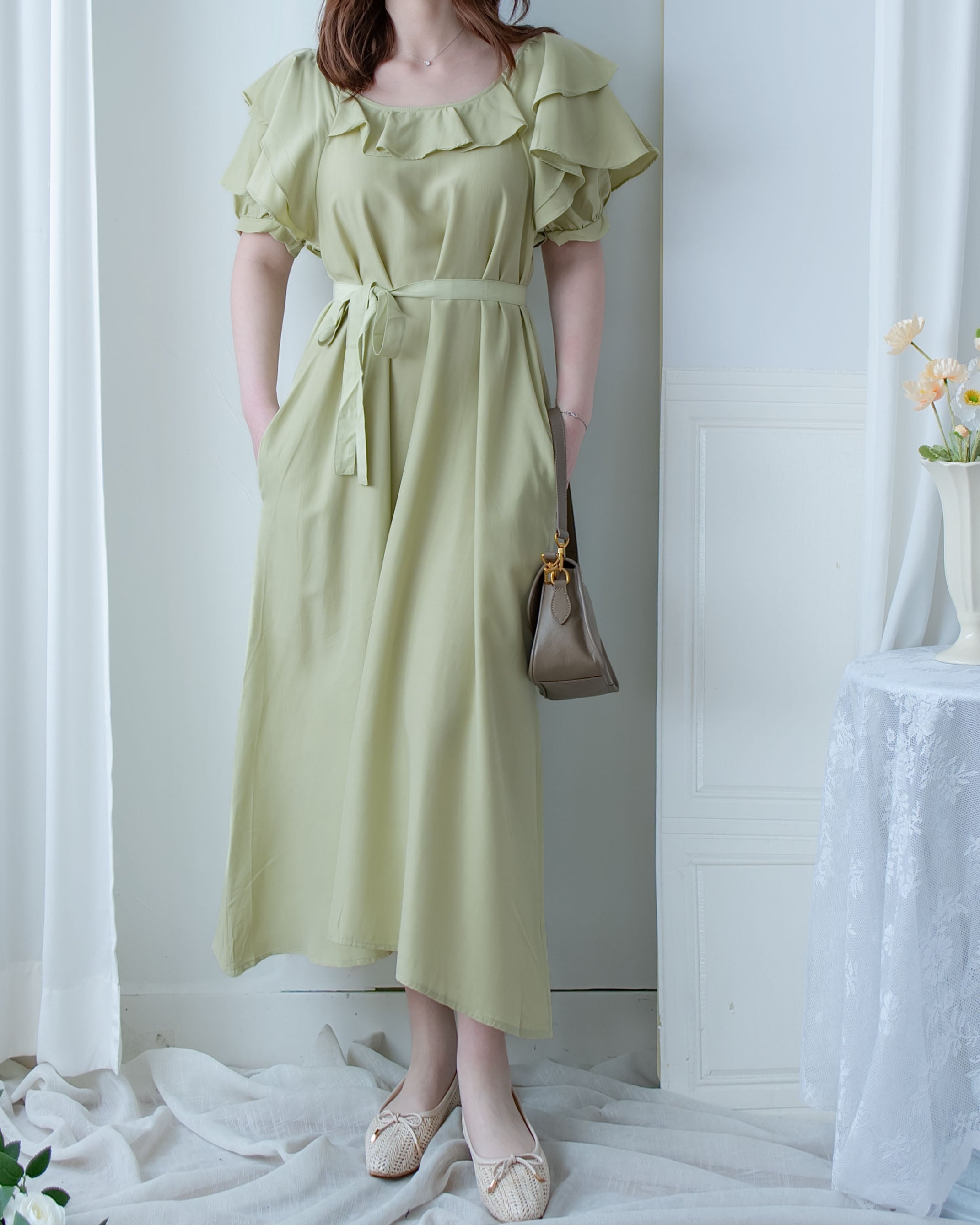 Ruffle Square Dress 荷葉方領隨性口袋修腰連衣裙/ DS1096