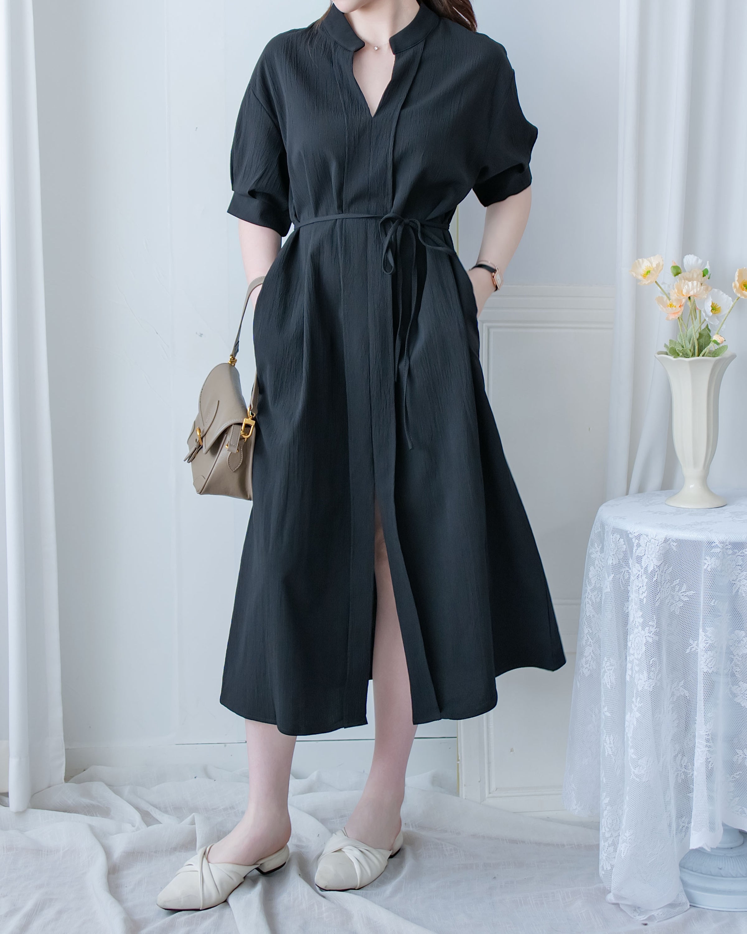 Geometric Dress 幾何領口視覺顯瘦口袋連衣裙/ DS1100 (pre-order black)