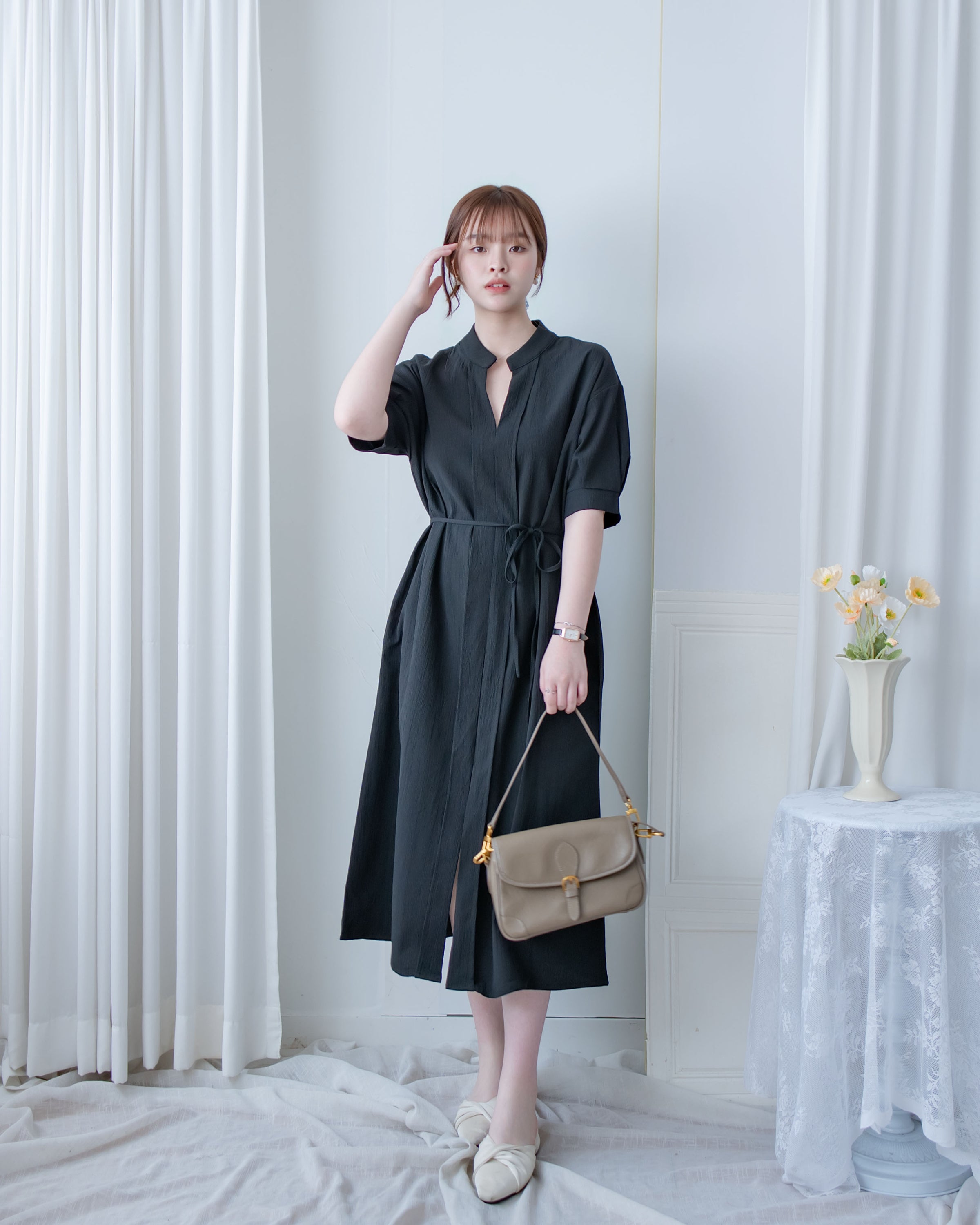 Geometric Dress 幾何領口視覺顯瘦口袋連衣裙/ DS1100 (pre-order black)