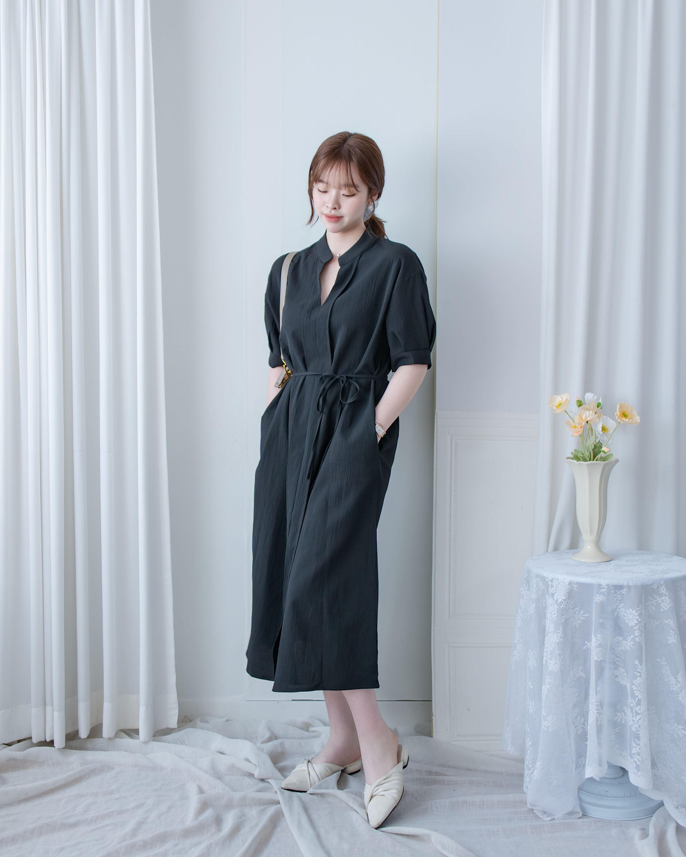 Geometric Dress 幾何領口視覺顯瘦口袋連衣裙/ DS1100 (pre-order black)