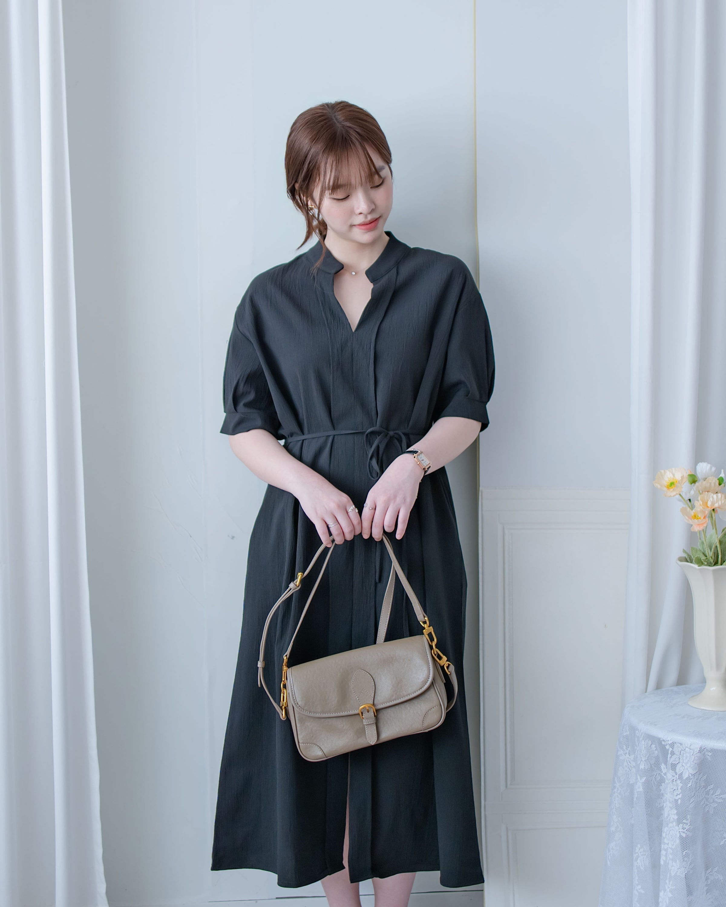 Geometric Dress 幾何領口視覺顯瘦口袋連衣裙/ DS1100 (pre-order black)