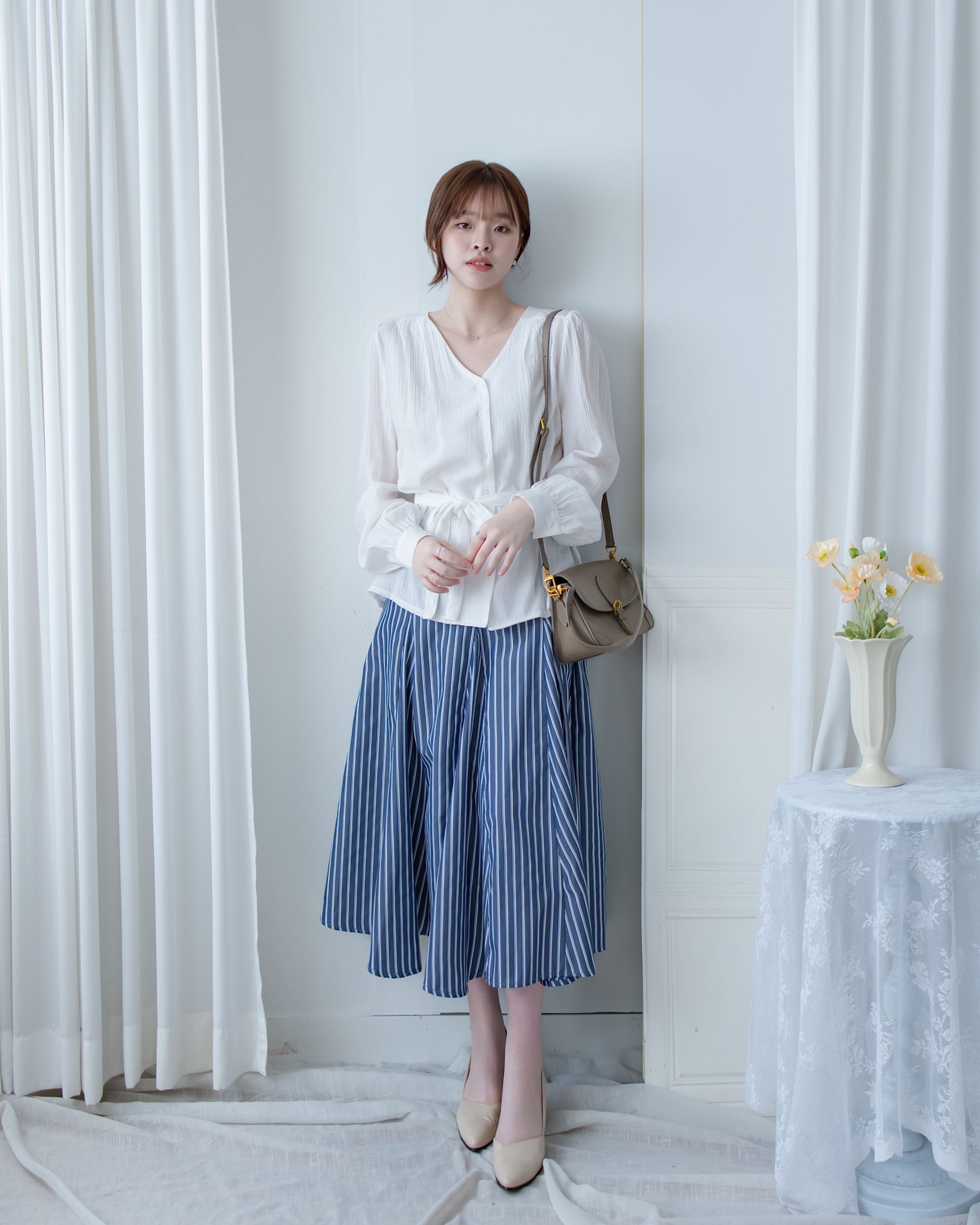 Blue Striped Skirt 法藍色細條紋腰間微修傘裙/ SK8937