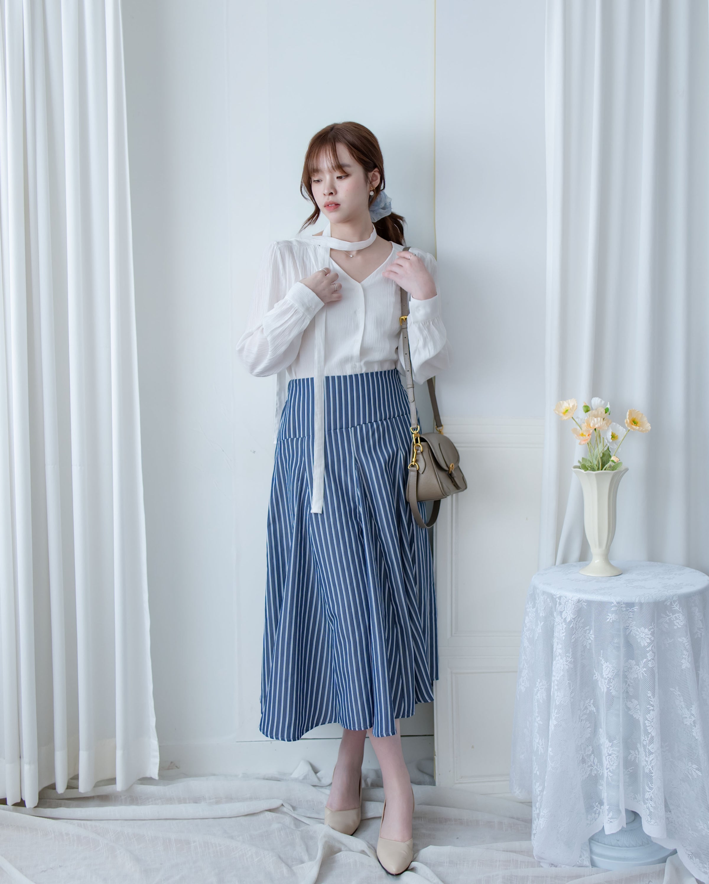 Blue Striped Skirt 法藍色細條紋腰間微修傘裙/ SK8937