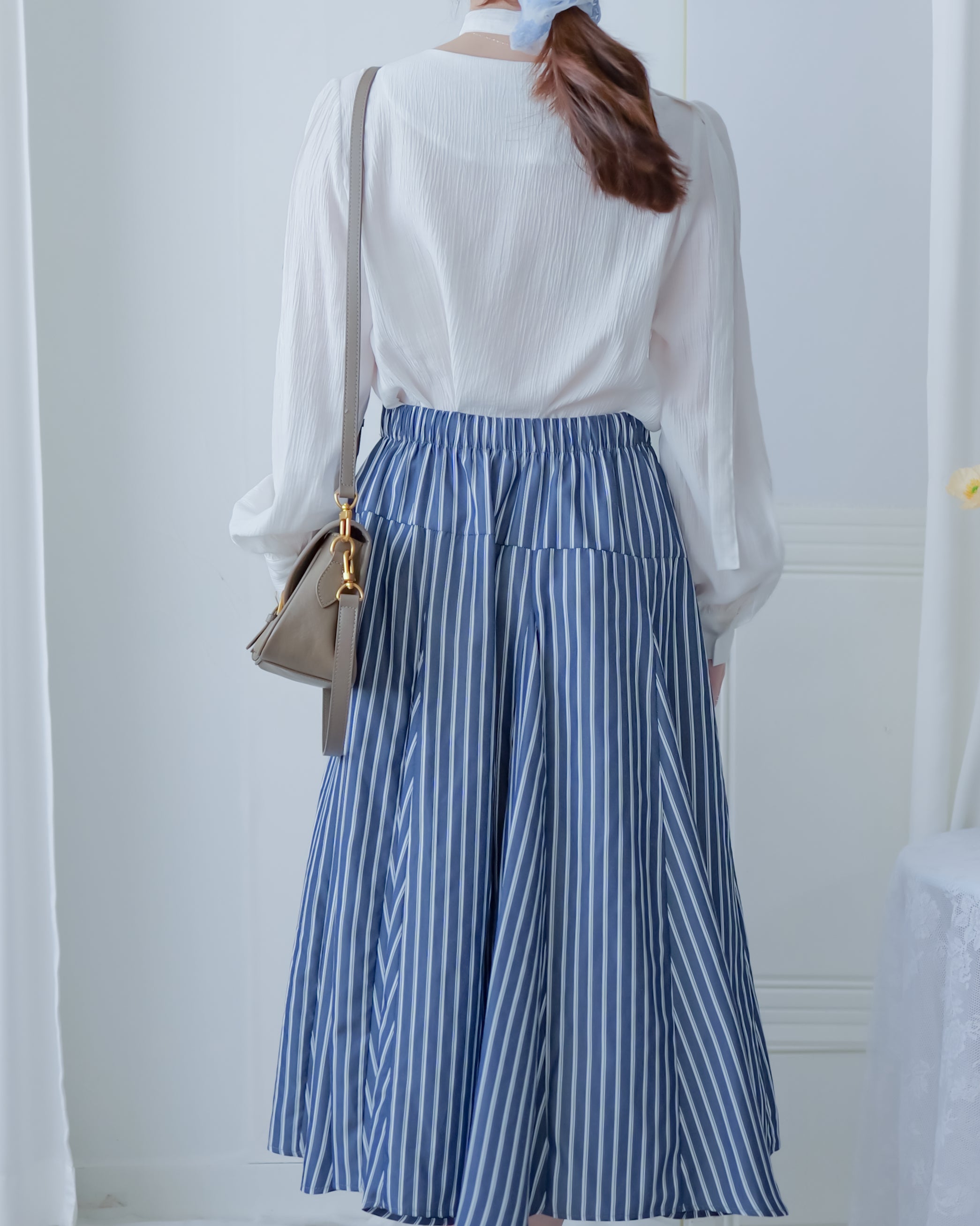 Blue Striped Skirt 法藍色細條紋腰間微修傘裙/ SK8937