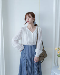 Blue Striped Skirt 法藍色細條紋腰間微修傘裙/ SK8937
