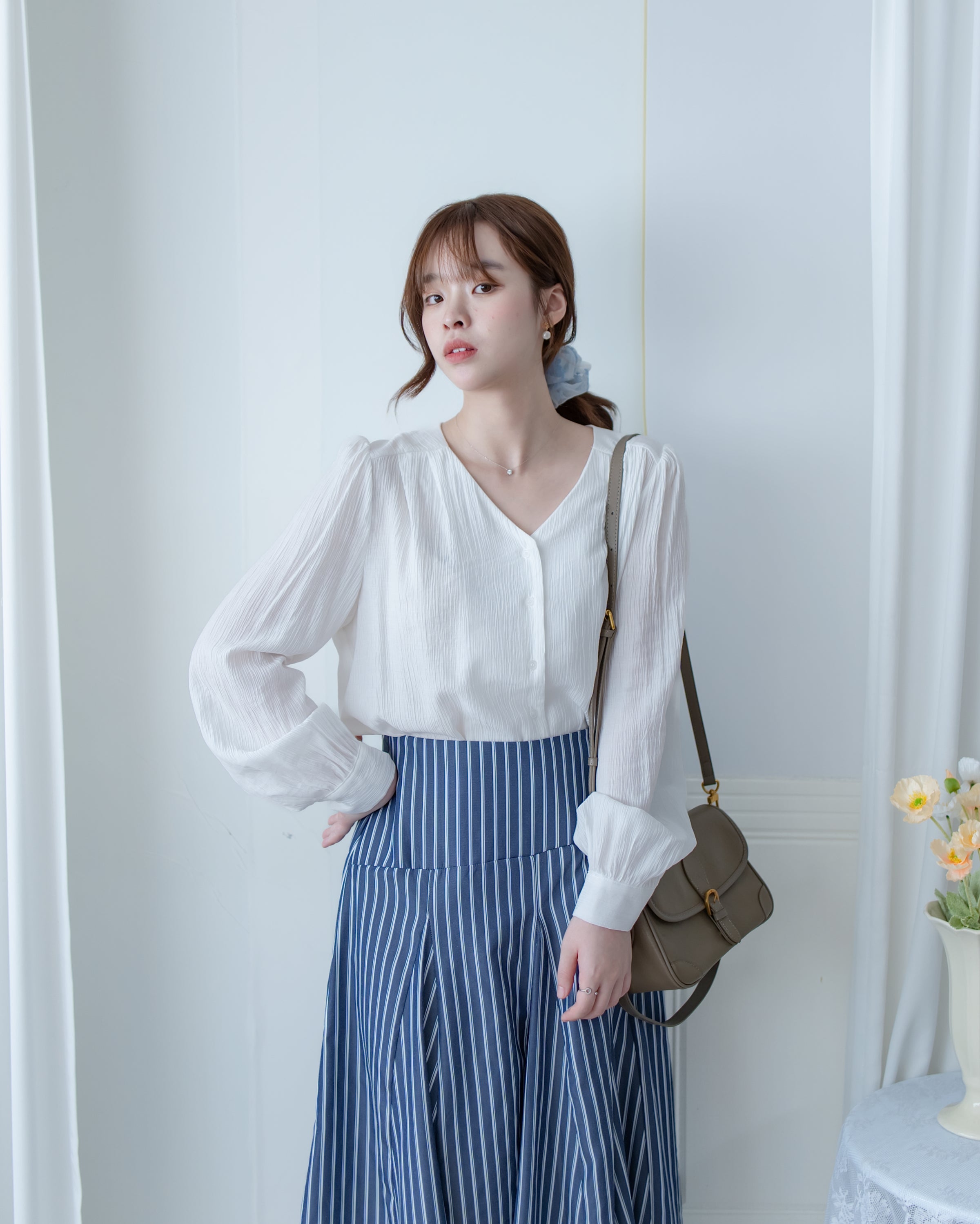 Blue Striped Skirt 法藍色細條紋腰間微修傘裙/ SK8937