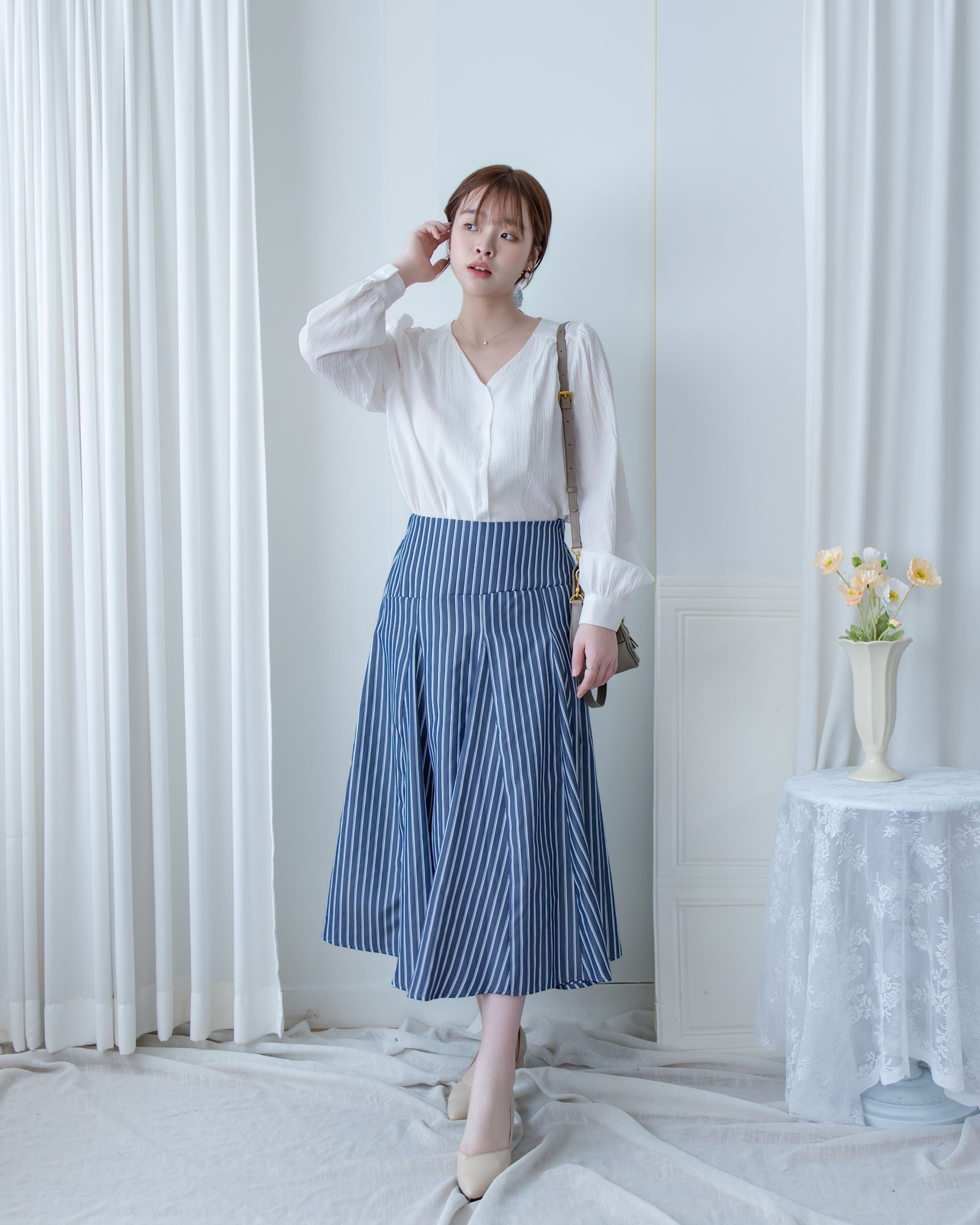 Blue Striped Skirt 法藍色細條紋腰間微修傘裙/ SK8937
