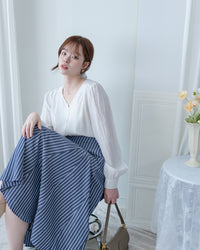 Blue Striped Skirt 法藍色細條紋腰間微修傘裙/ SK8937