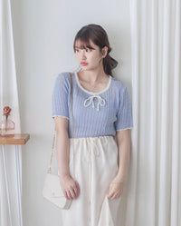 Ribbon Knit Top 針織蝴蝶彈性拼色上衣/ TP9154 (Skyblue sold out)