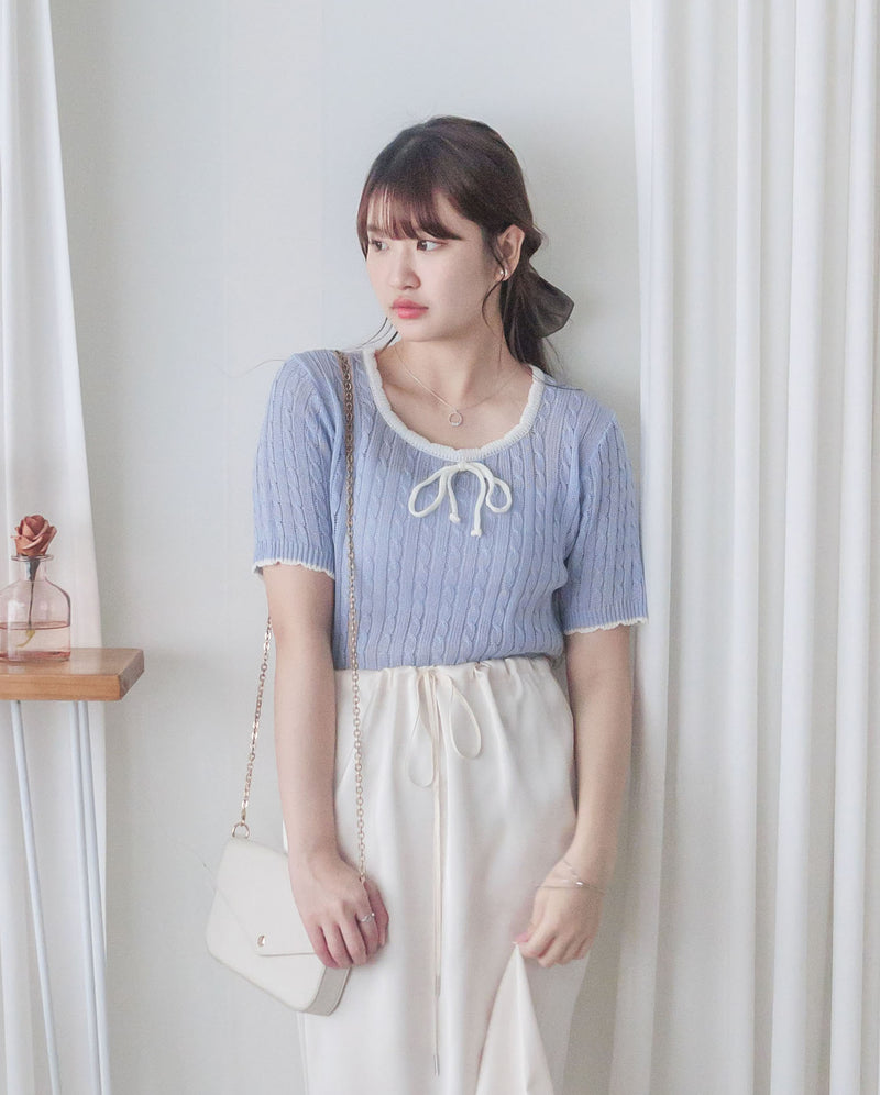 Ribbon Knit Top 針織蝴蝶彈性拼色上衣/ TP9154 (Skyblue sold out)