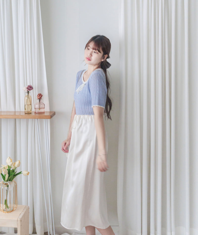 Ribbon Knit Top 針織蝴蝶彈性拼色上衣/ TP9154 (Skyblue sold out)