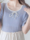Ribbon Knit Top 針織蝴蝶彈性拼色上衣/ TP9154 (Skyblue sold out)