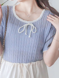 Ribbon Knit Top 針織蝴蝶彈性拼色上衣/ TP9154 (Skyblue sold out)