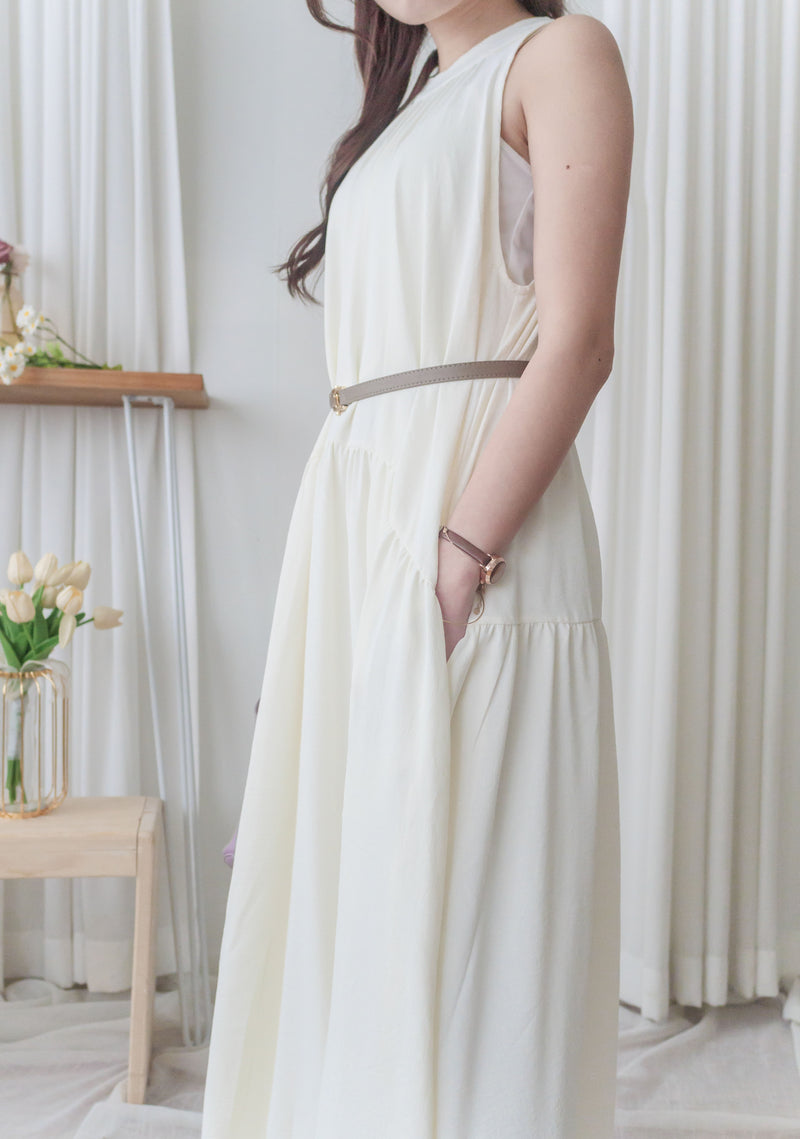 Halter Dress 疊領入膊裙身弧線口袋連身裙/ DS9941