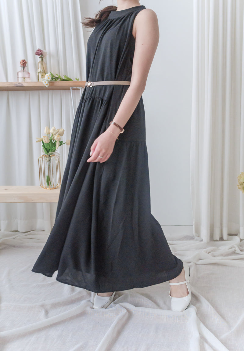 Halter Dress 疊領入膊裙身弧線口袋連身裙/ DS9941