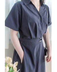 V Collar Casual Elegant Dress 疊領口口袋恤衫裙  / DS9956 (Navy sold out)