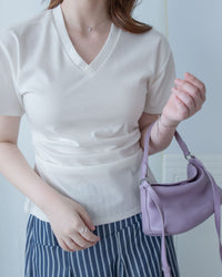 Side pinned V-Neck Tee 側抓褶後開叉V領上衣/ TP9216