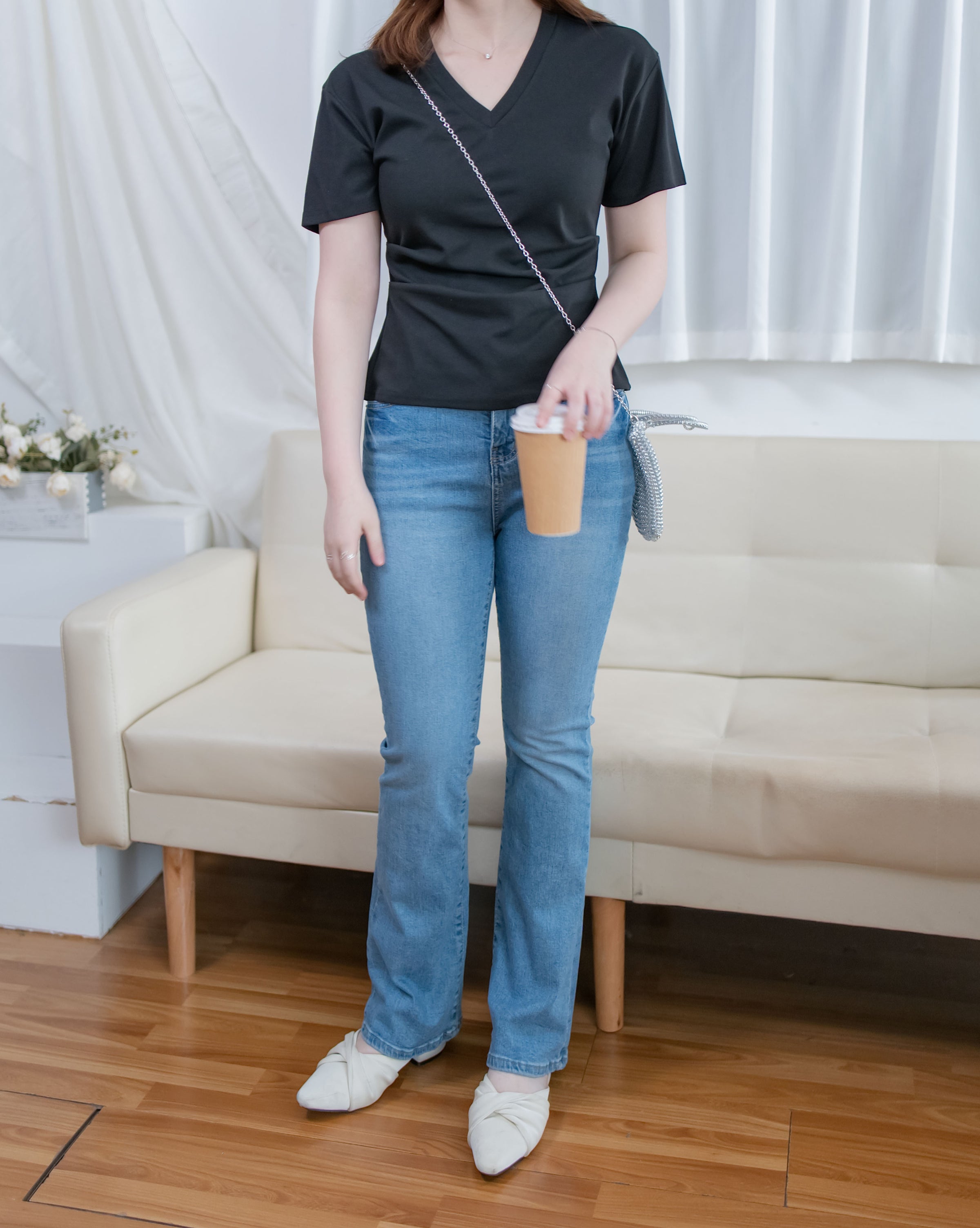 Side pinned V-Neck Tee 側抓褶後開叉V領上衣/ TP9216