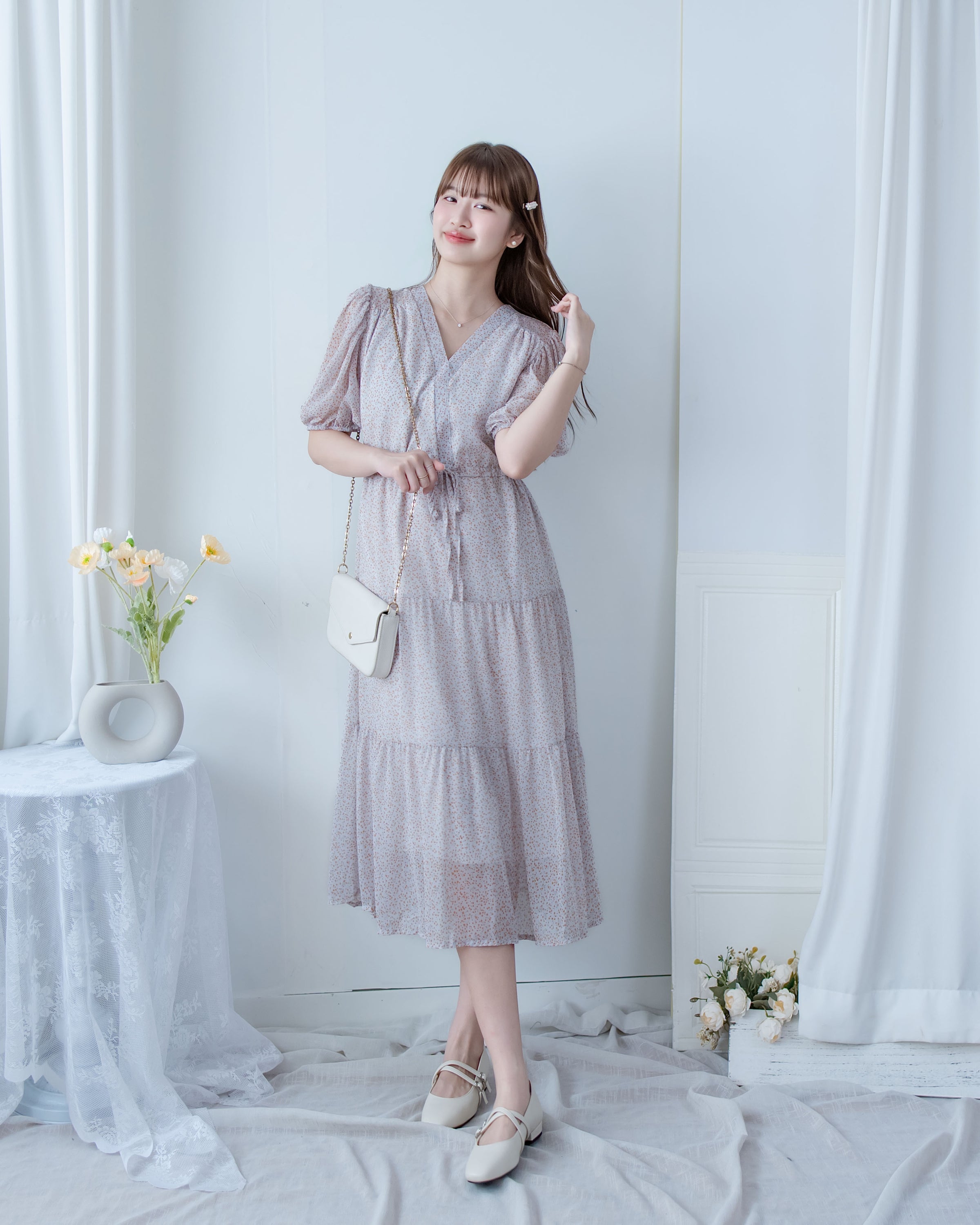 Glass Floral Dress 琉璃光感精緻小碎花連身裙/ DS1099