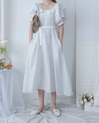 Ruffle Square Dress 荷葉方領隨性口袋修腰連衣裙/ DS1096