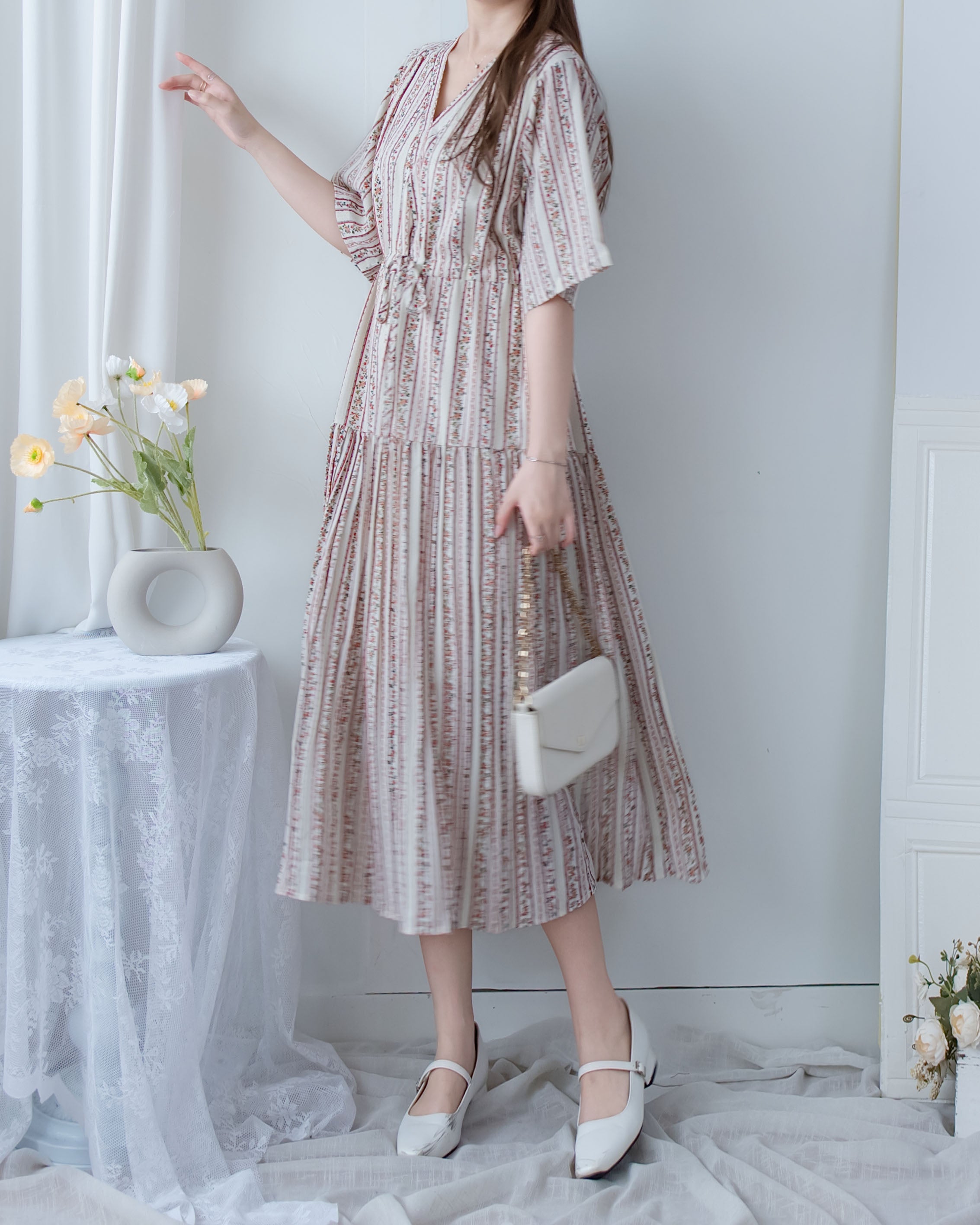 French Patterned Dress
 法式防皺直條紋印花連身裙/ DS1093