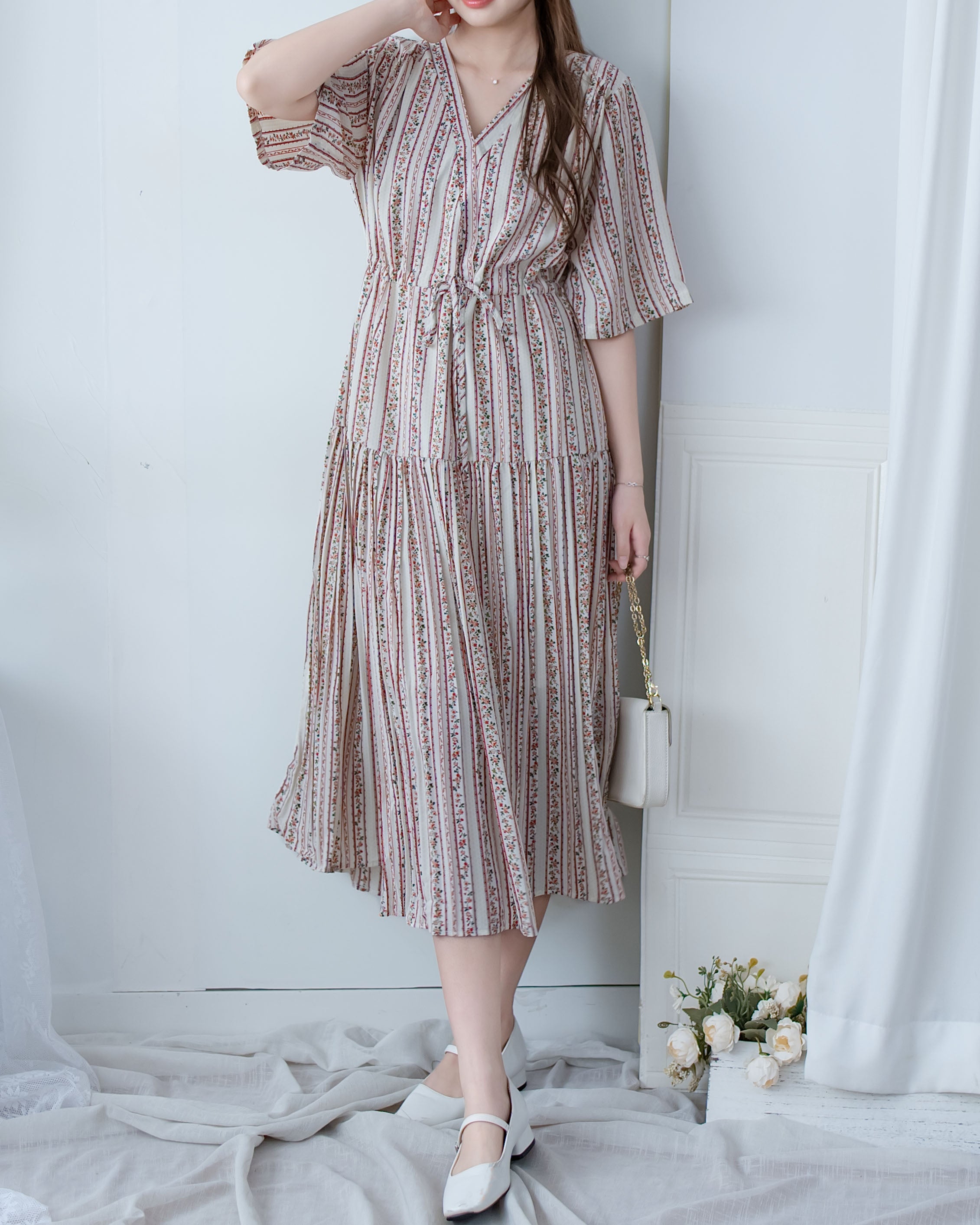 French Patterned Dress
 法式防皺直條紋印花連身裙/ DS1093