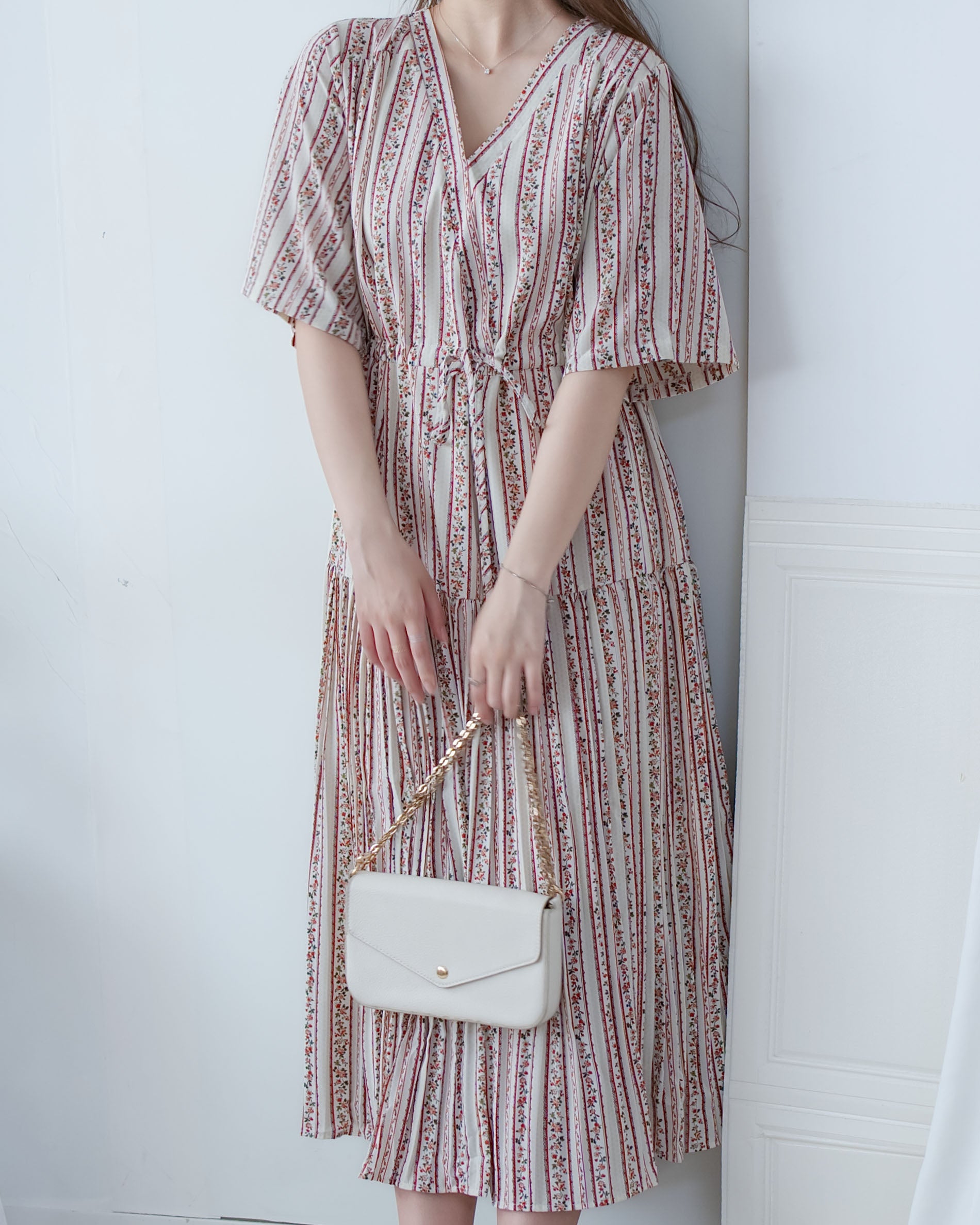 French Patterned Dress
 法式防皺直條紋印花連身裙/ DS1093