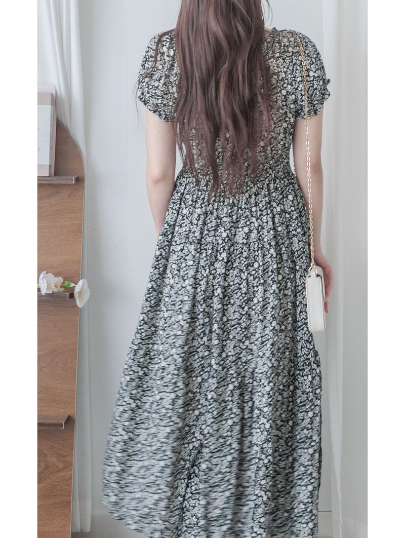 Shadow Floral Dress 黑白影子印花修腰連身裙/ DS9953