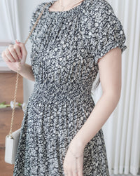 Shadow Floral Dress 黑白影子印花修腰連身裙/ DS9953