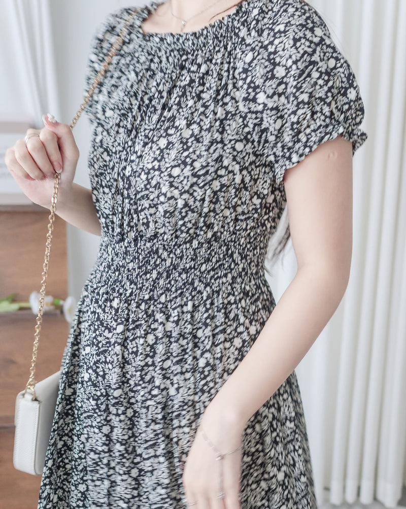 Shadow Floral Dress 黑白影子印花修腰連身裙/ DS9953
