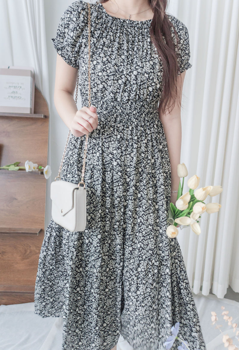 Shadow Floral Dress 黑白影子印花修腰連身裙/ DS9953