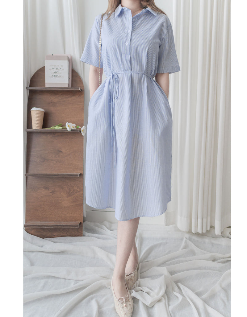 [限量現貨回歸]   French Blue Shirt Dress  法式藍白直條紋口袋連身裙/ DS9955