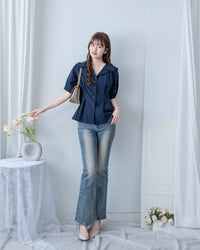 Pleated Waist Blouse 顯白深藍精緻鈕扣翻領修腰上衣/ BU9138