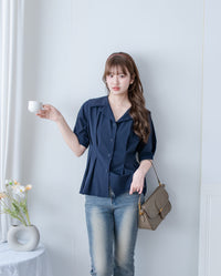 Pleated Waist Blouse 顯白深藍精緻鈕扣翻領修腰上衣/ BU9138