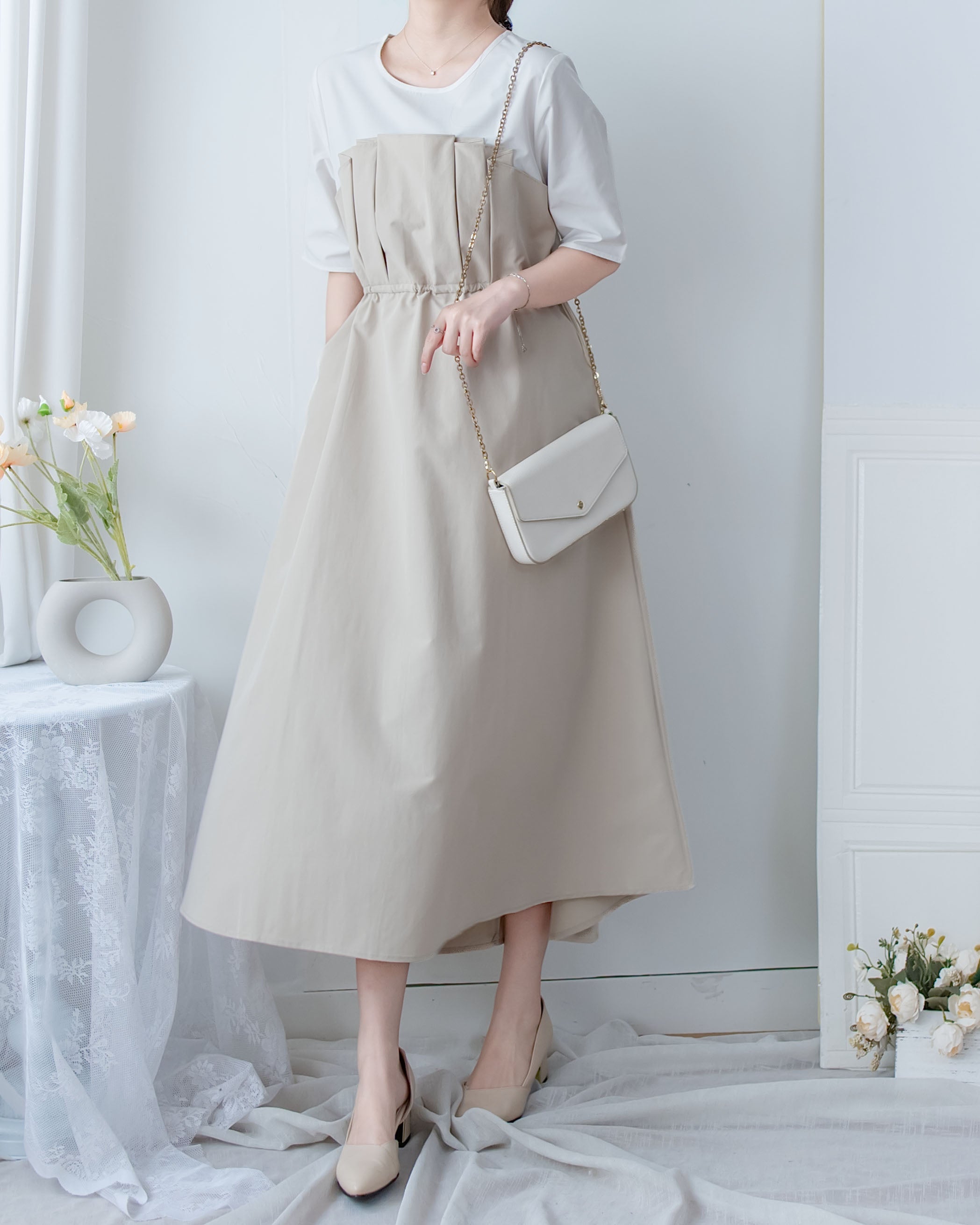 Spliced Beige Dress 拼接立體層次彈性修腰連身裙/ DS1097(pre-order)