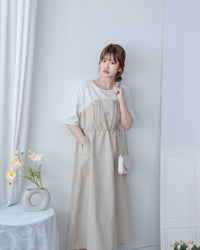 Spliced Beige Dress 拼接立體層次彈性修腰連身裙/ DS1097(pre-order)