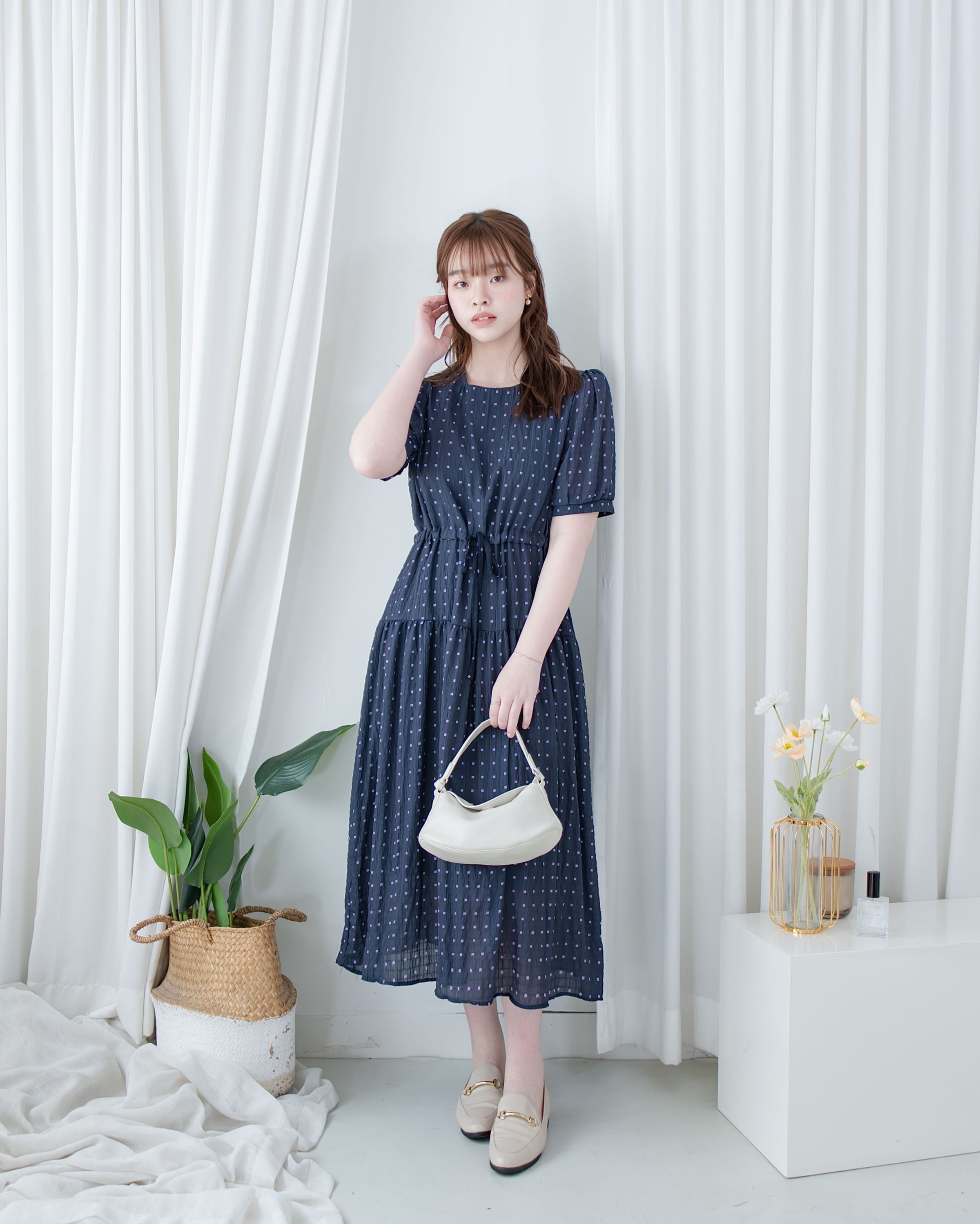 Square Palette Dress 幾何圖案珍珠後扣層次連身裙/ DS1104