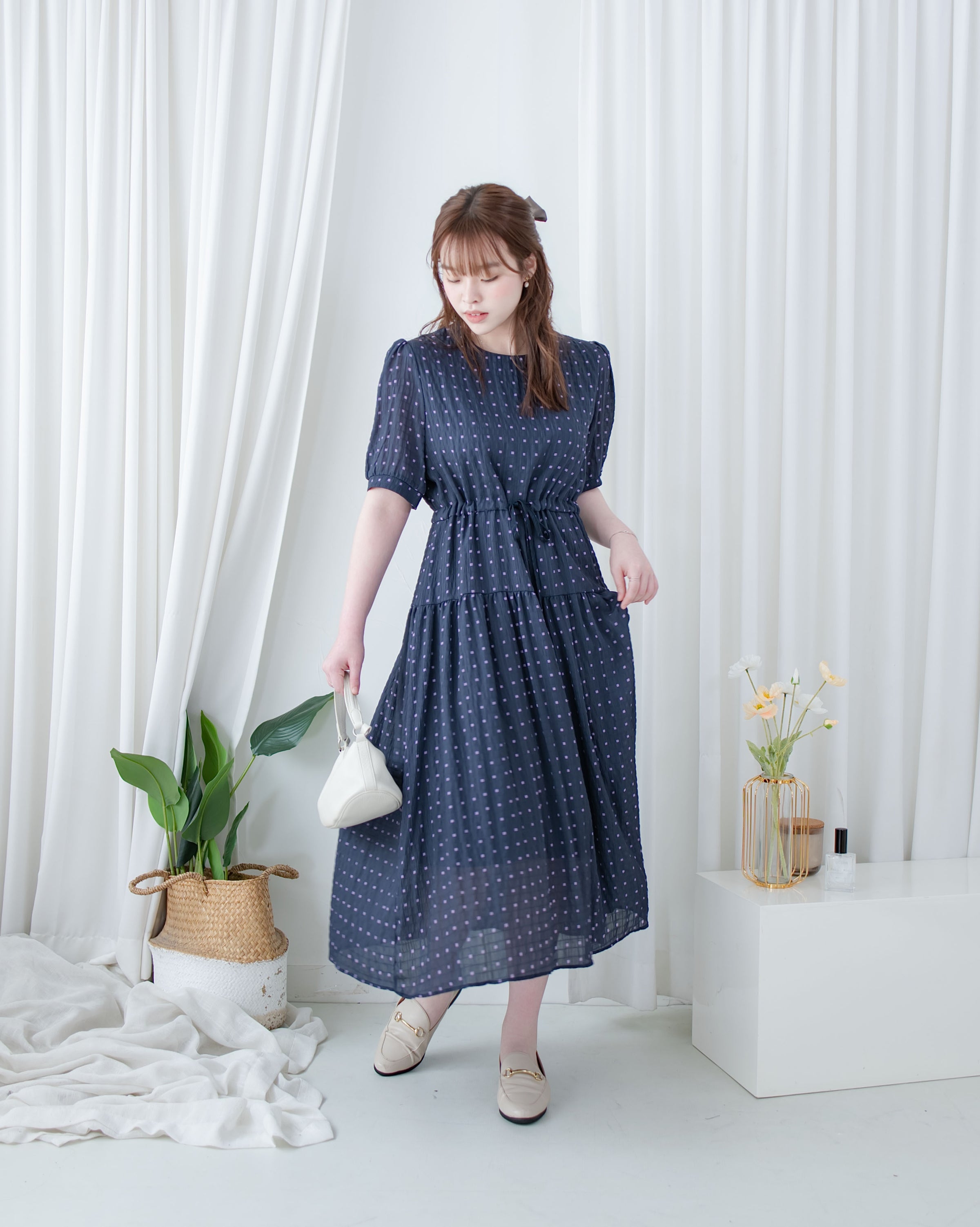 Square Palette Dress 幾何圖案珍珠後扣層次連身裙/ DS1104
