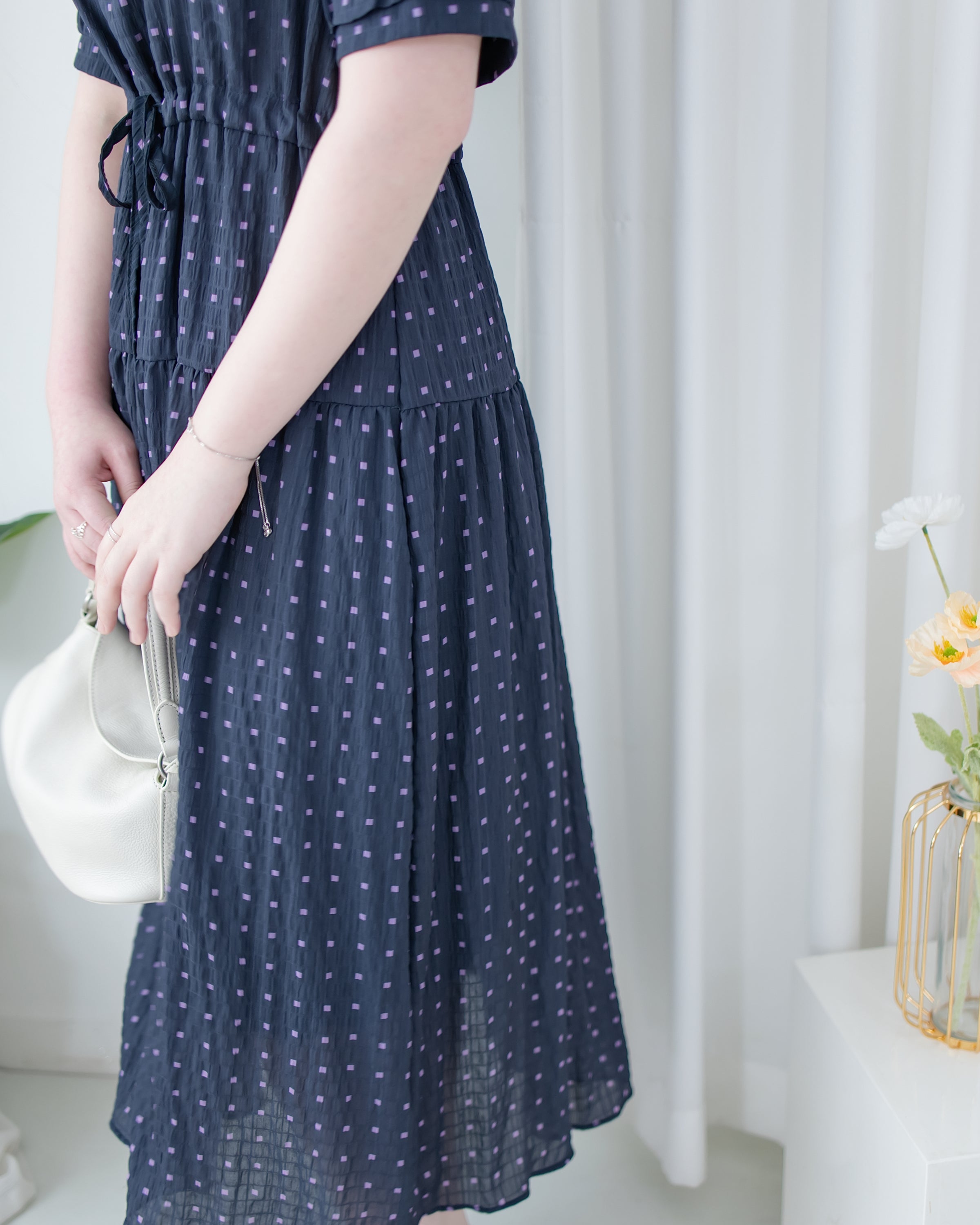 Square Palette Dress 幾何圖案珍珠後扣層次連身裙/ DS1104