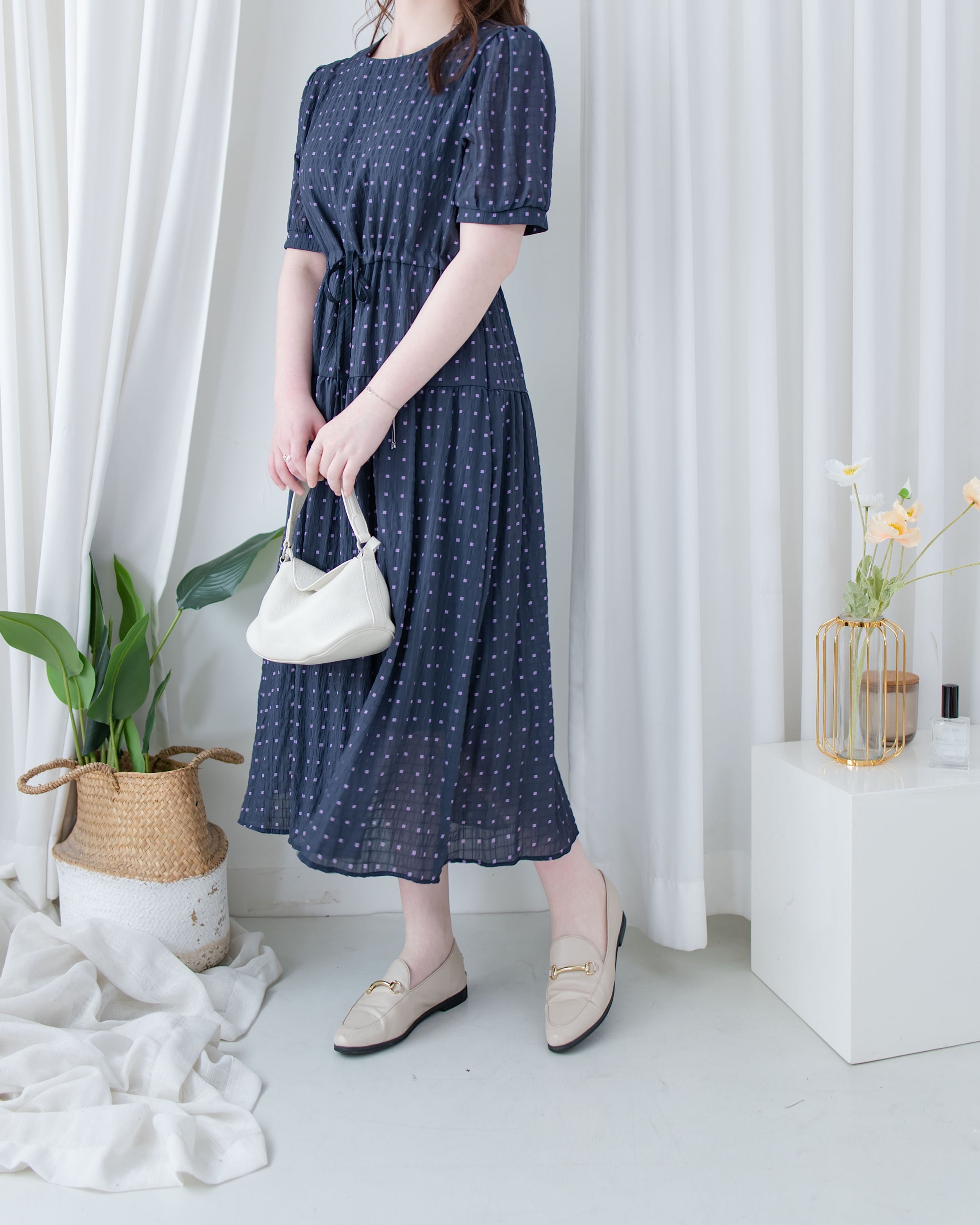 Square Palette Dress 幾何圖案珍珠後扣層次連身裙/ DS1104