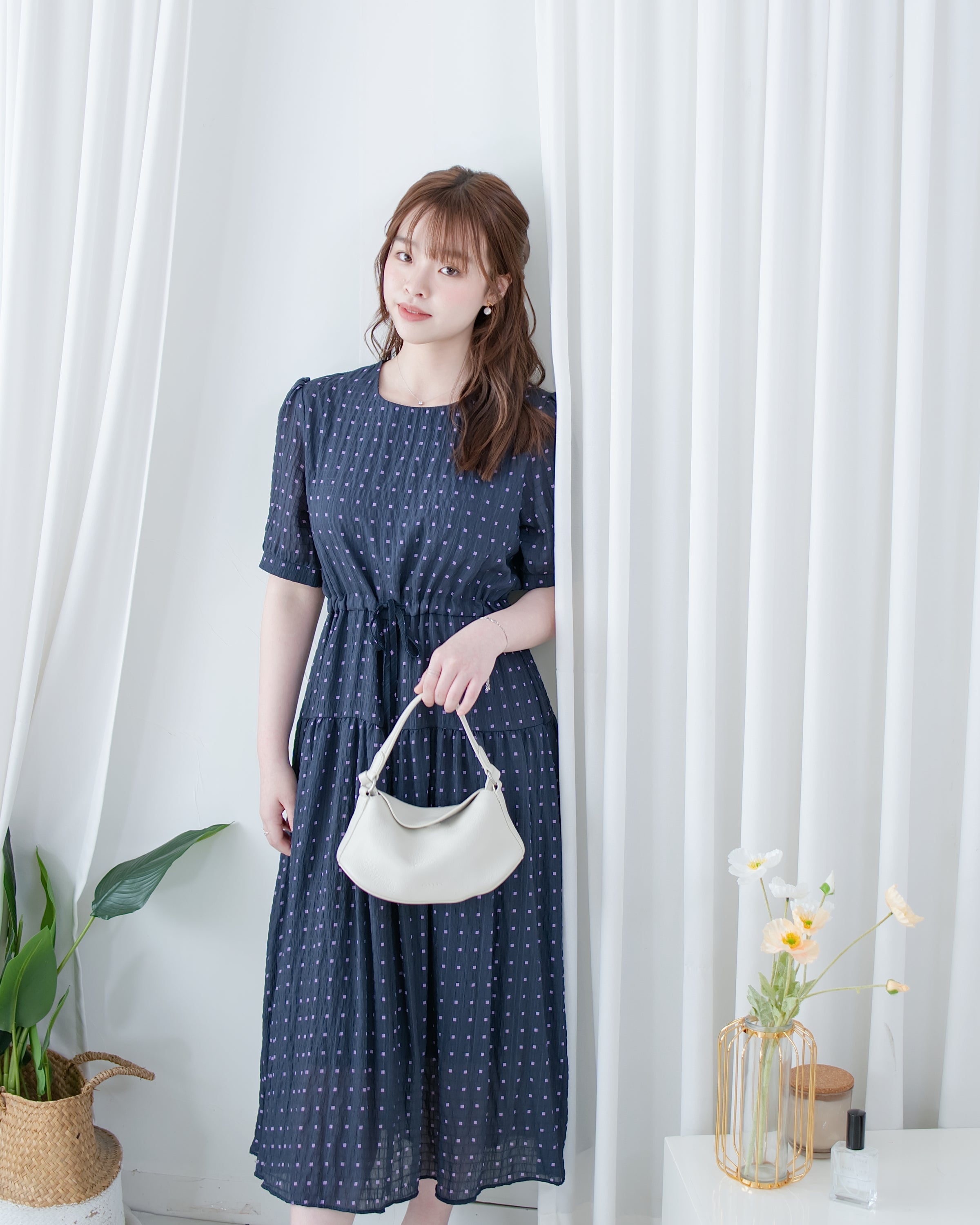 Square Palette Dress 幾何圖案珍珠後扣層次連身裙/ DS1104