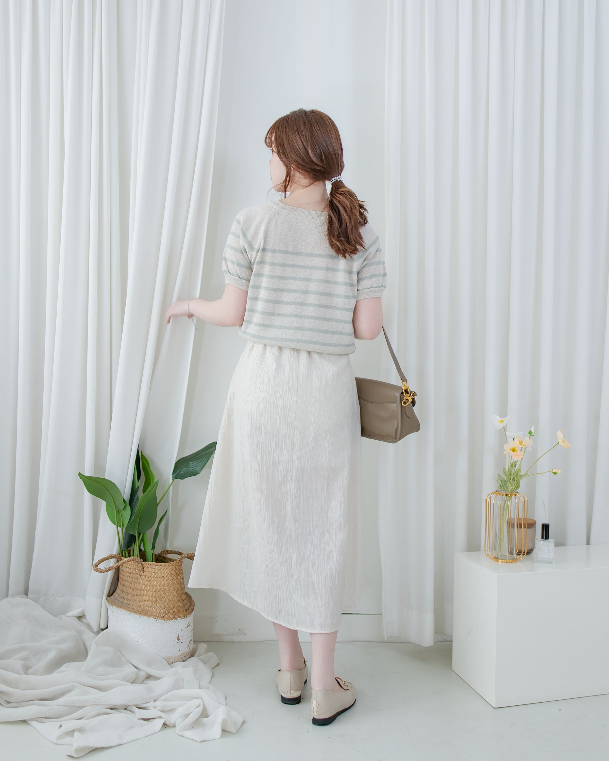 Ribbon Knot Pleated Skirt 側蝴蝶結顯瘦褶疊流線質感傘裙/ SK8939
